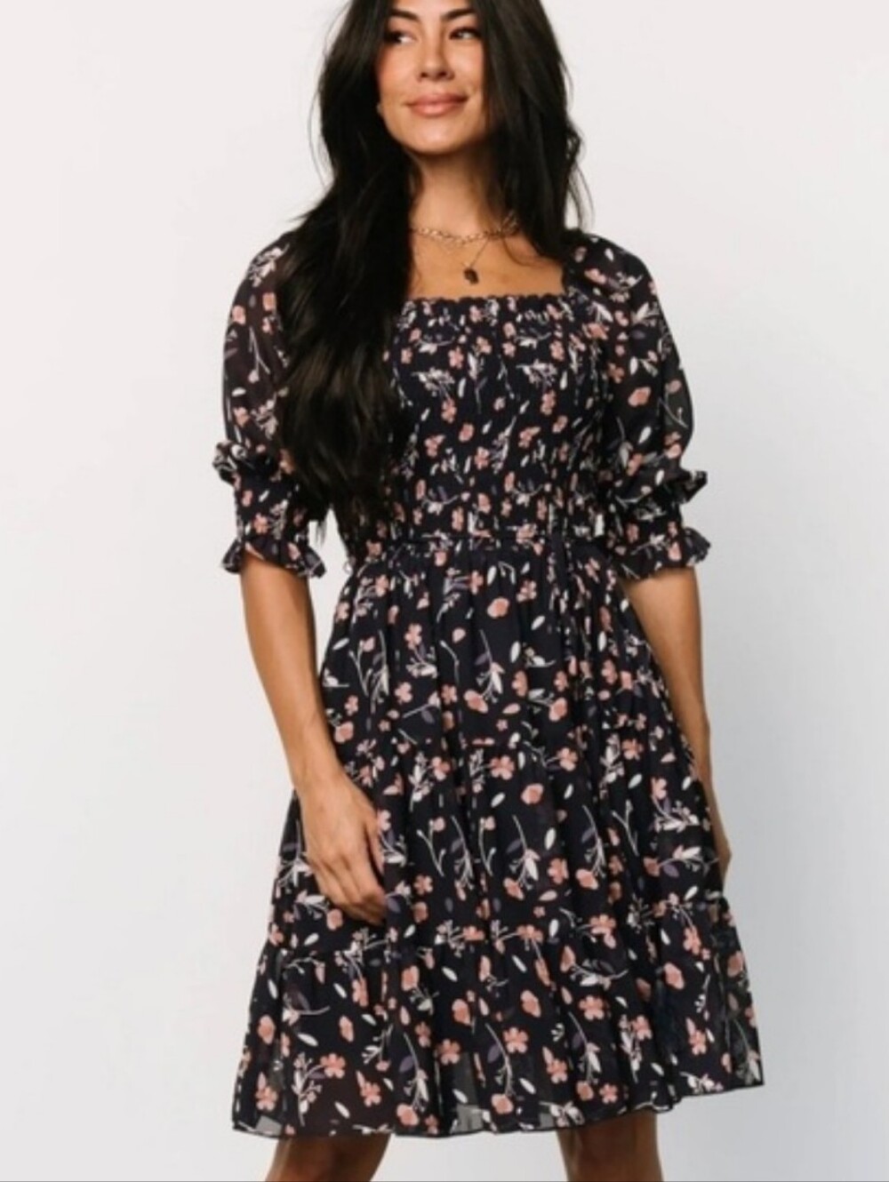Baltic Born Azlyn Navy Pink Floral Smocked Short Floaty Dress M NWT